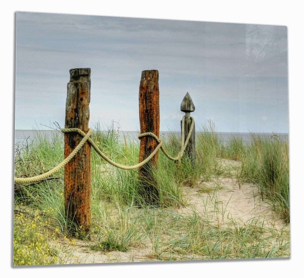 Wallario Herdabdeckplatte aus Glas, Größe 60 x 52 cm 1-teilig, Motiv Düne am Strand mit Holzpfahl