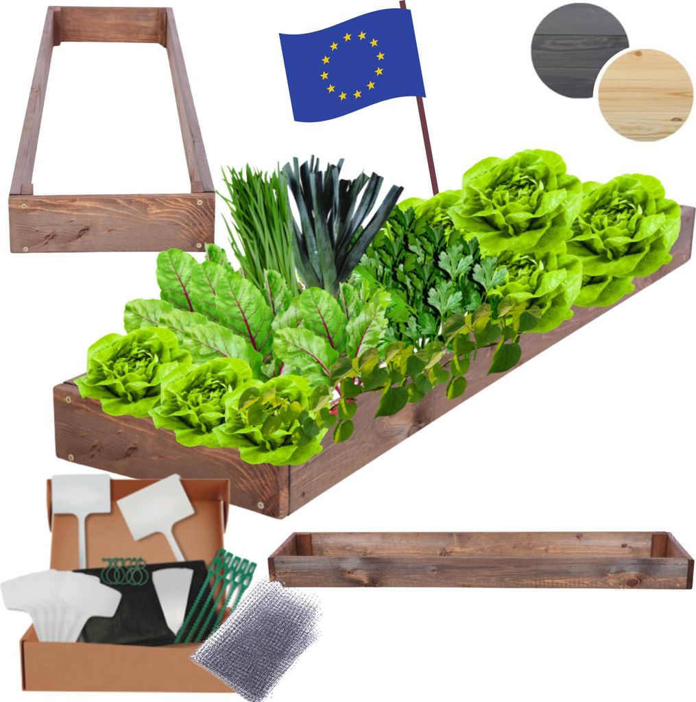 MODO24 Hochbeet Holz, Pflanzkasten, Massivholz, Kiefer, Kräuterbeet, Blumenkasten, Garten, Terrasse, 9x30x120 cm, Braun, ZP09
