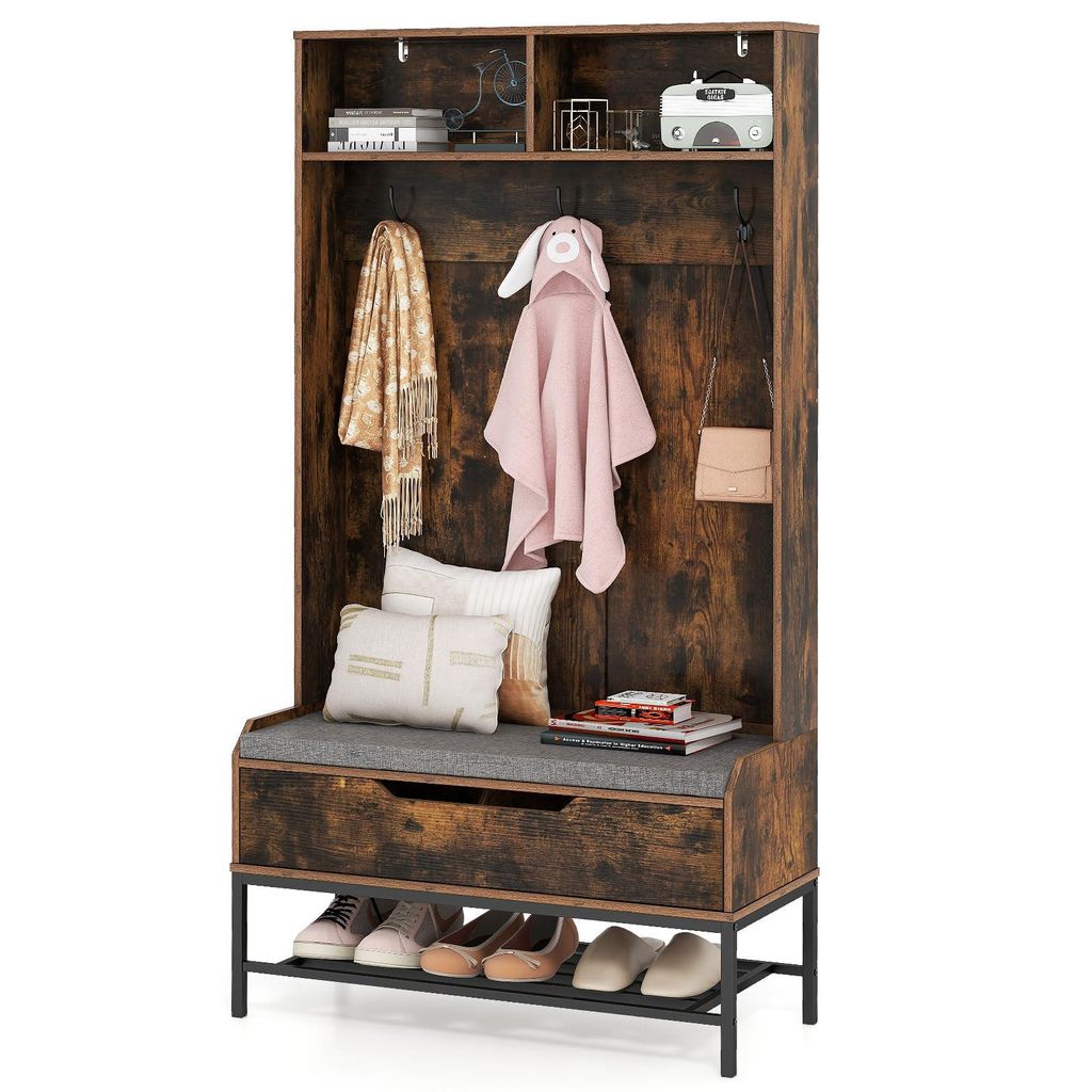 GOPLUS Garderobenständer mit Sitzbank, 4-in-1 Garderobe mit 3 Haken und Abalgen, Kleiderständer mit Schuhregal, Rustikales Braun