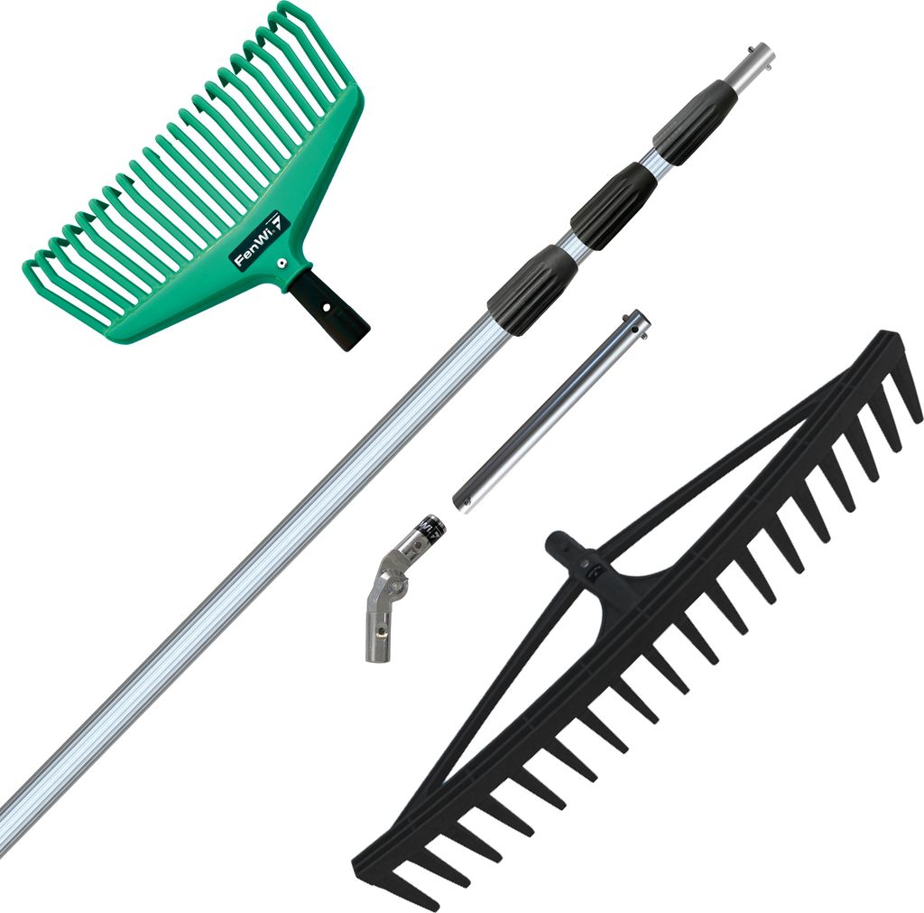 FenWi 6m Teleskop Harken Set zur Dach und Fassaden-Reinigung mit Laubharke Rechen Gelenk & Teleskopstange