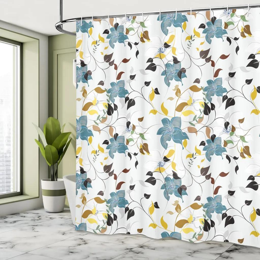 Tenda Doccia Lunga Zussun 170x200 Cm Con Fiori Eucalipto, Impermeabile, Poliestere, Con Ganci
