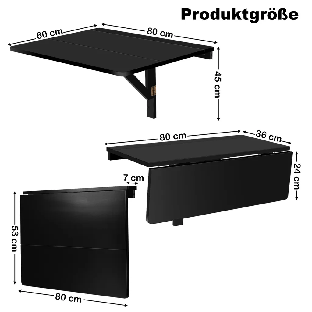 Table Murale Rabattable Noire 80x60cm - Plateau en Bois Robuste Compact
