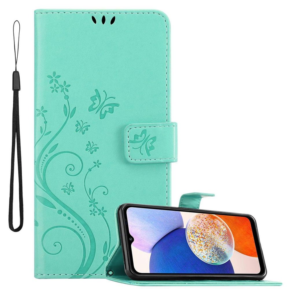 Cadorabo Hülle für Samsung Galaxy A14 4G / 5G / M14 in FLORAL TÜRKIS Schutzhülle im Blumen Design mit Magnetverschluss, Standfunktion und Karte...