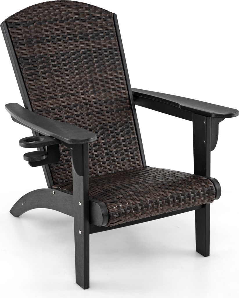 COSTWAY Adirondack Stuhl, Adirondack Chair mit Getränkehalter, gepolstertem Sitz & Rückenlehne, Gartensessel aus HDPE und Rattan, Schwarz Braun
