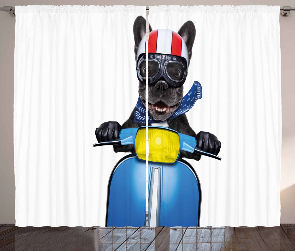 ABAKUHAUS Dog-Treiber Rustikaler Vorhang, Bulldog auf einem Roller, Wohnzimmer Universalband Gardinen mit Schlaufen und Haken, 280 x 245 cm, Charco...