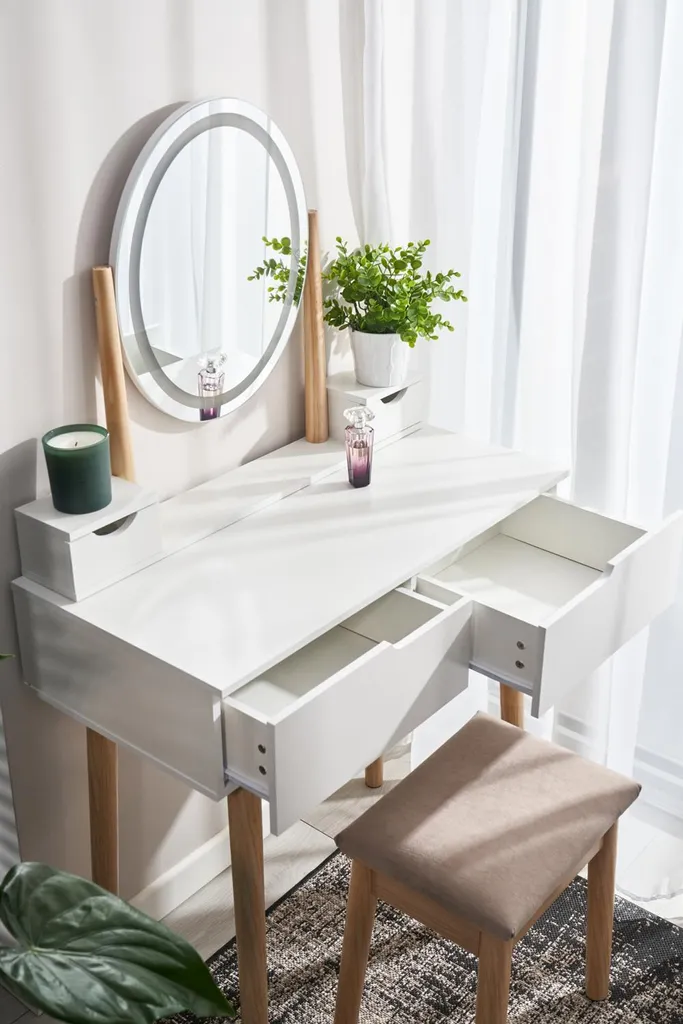 JUMI Coiffeuse Blanche avec Miroir LED SCANDI et Tabouret Style Loft