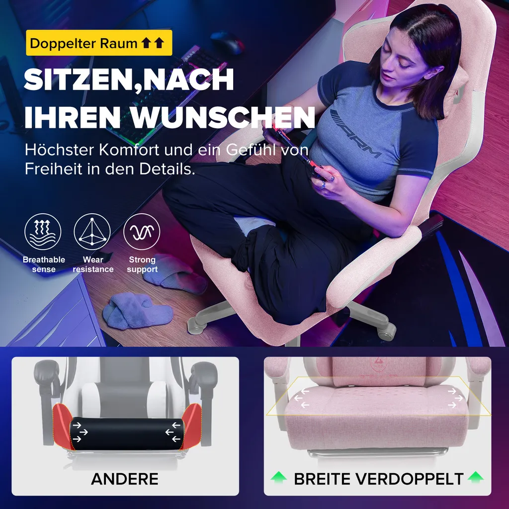 GTPLAYER Chaise Gamer Ergonomique - Fauteuil Racing en Tissu Blanc Rose - 6