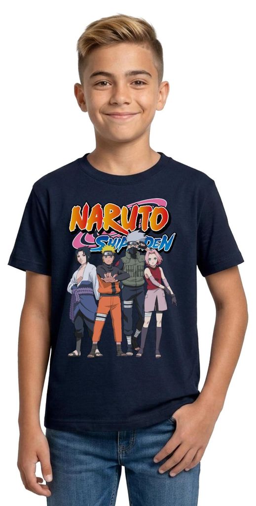 Spreadshirt Naruto Shippuden Sasuke, Naruto, Kakashi & Sakura Teenager T-Shirt, 134/146 (9-11 Jahre), Navy