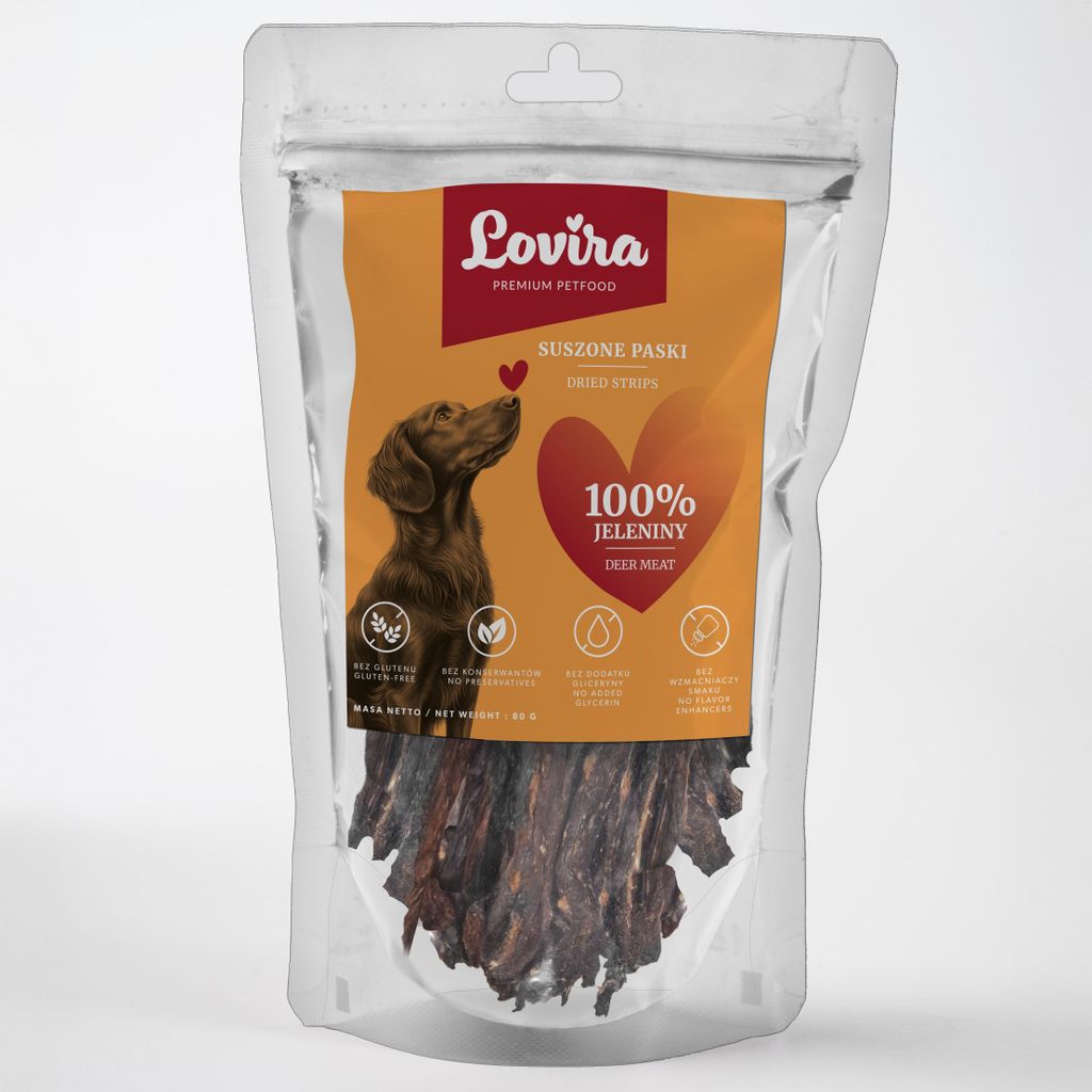 LOVIRA Hundeleckerlis – getrocknetes Hirschfleisch, Ergänzung einer gesunden Ernährung, natürliche weiche Snacks für Hunde, 80 g