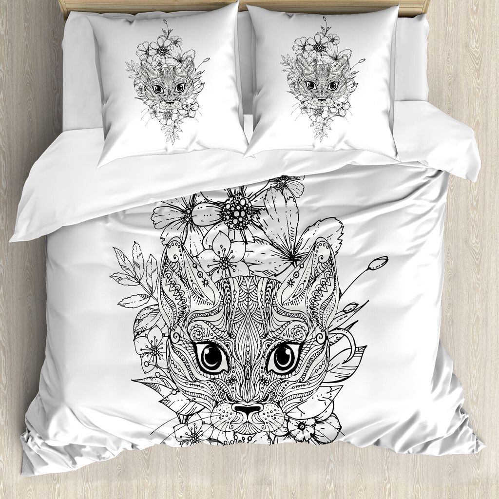 ABAKUHAUS Katze Bettbezug, Hand gezeichnete Bild Katze, Milbensicher Allergiker geeignet mit Kissenbezügen, 155 cm x 220 cm - 80 x 80 cm, Schwarz-...