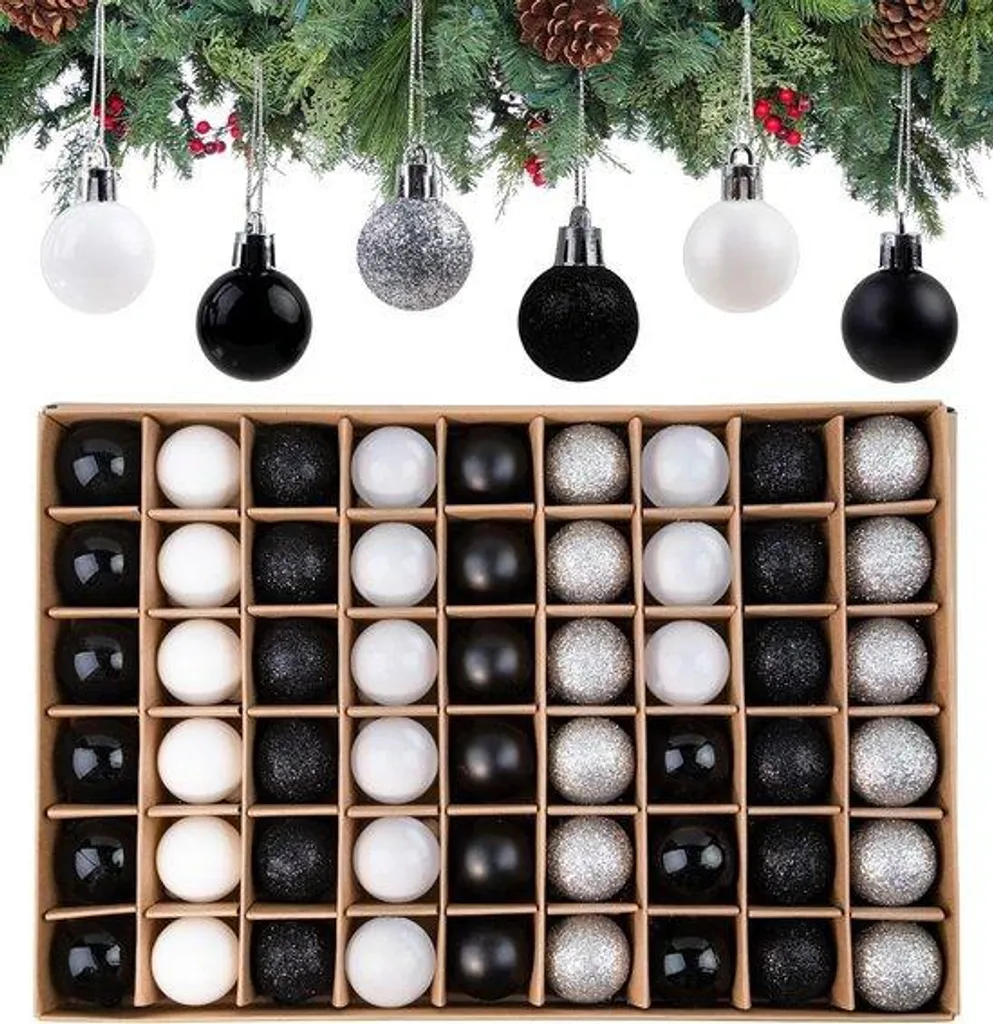 Lot de 54 boules de Noël 3 cm noir blanc et argent pour sapin festif