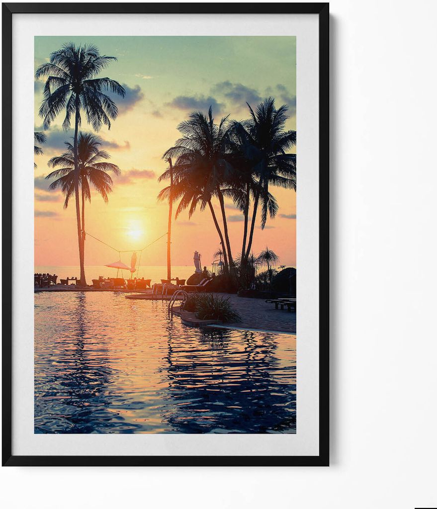 Palmen im Sonnenschein– Wandbild mit Rahmen – Gerahmtes Bild – Wanddekoration – 70x100 cm – Schwarz Rahmen