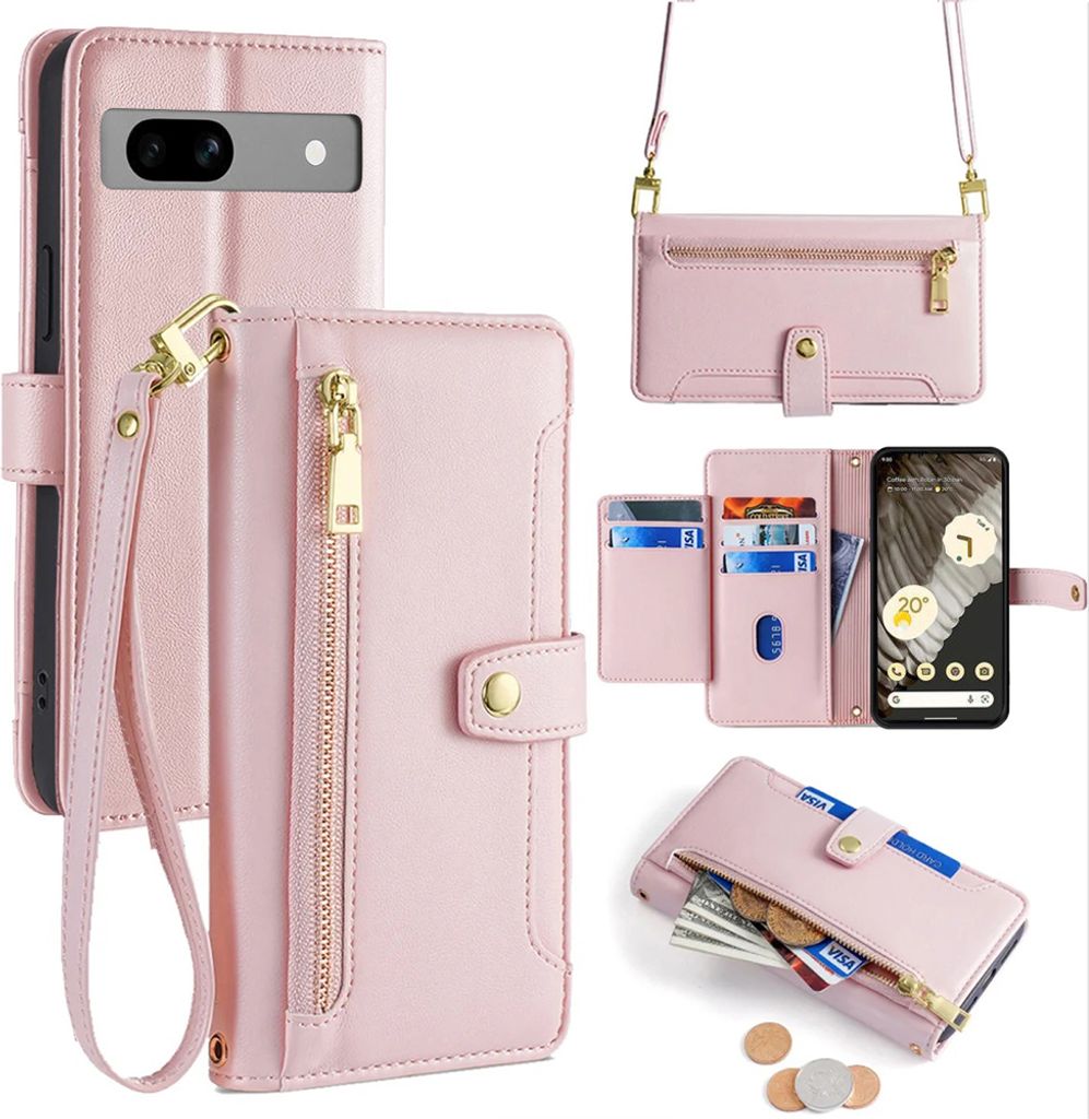 Handykette Google Hülle mit Band Handyhülle Kartenfächer Kunstleder Umhängetasche Pixel 7A Rosa