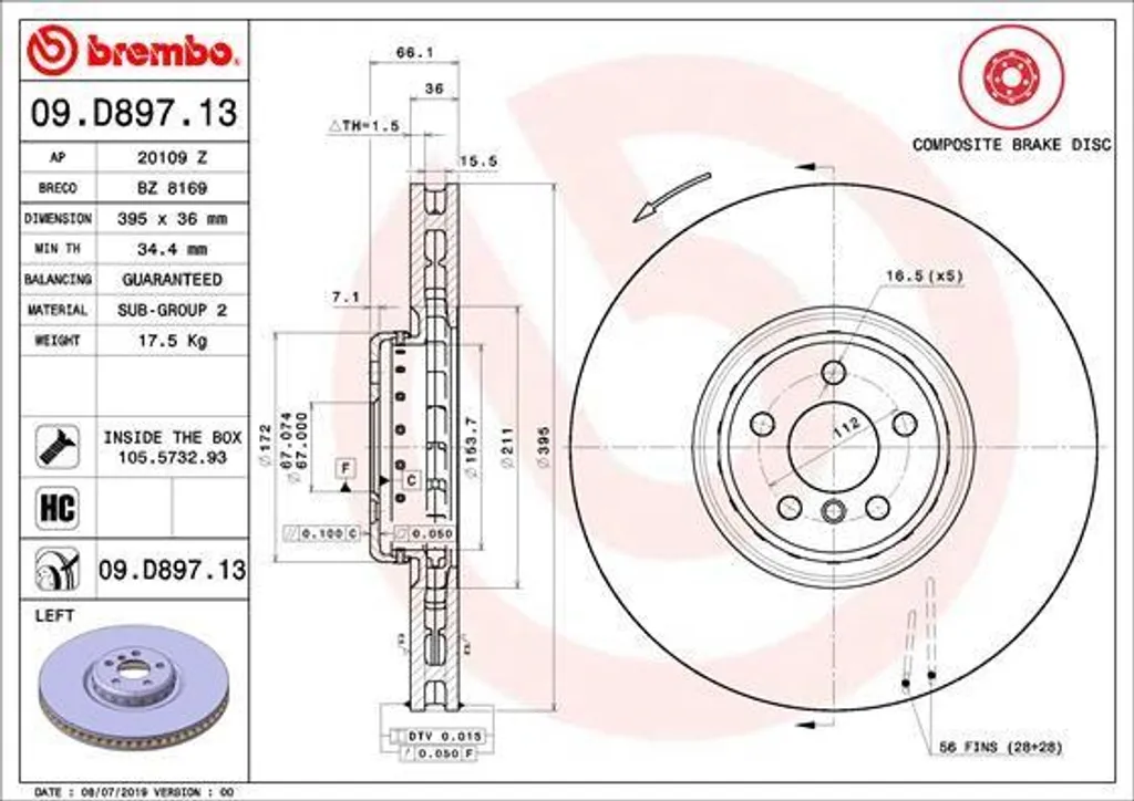 Brembo 09.D897.13 Disque de frein OE 34116860919 pour BMW X5 X6 X7 G11