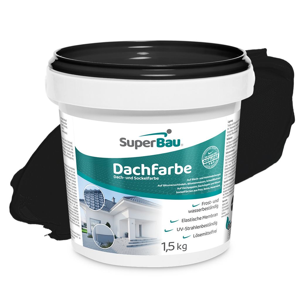 Superbau Dachfarbe Schwarz 1,5kg, Sockelfarbe WASSERDICHT, Fassadenfarbe für Außen, Dachbeschichtung für Blechdach, Bitumen, Dachpappe, Schindel...