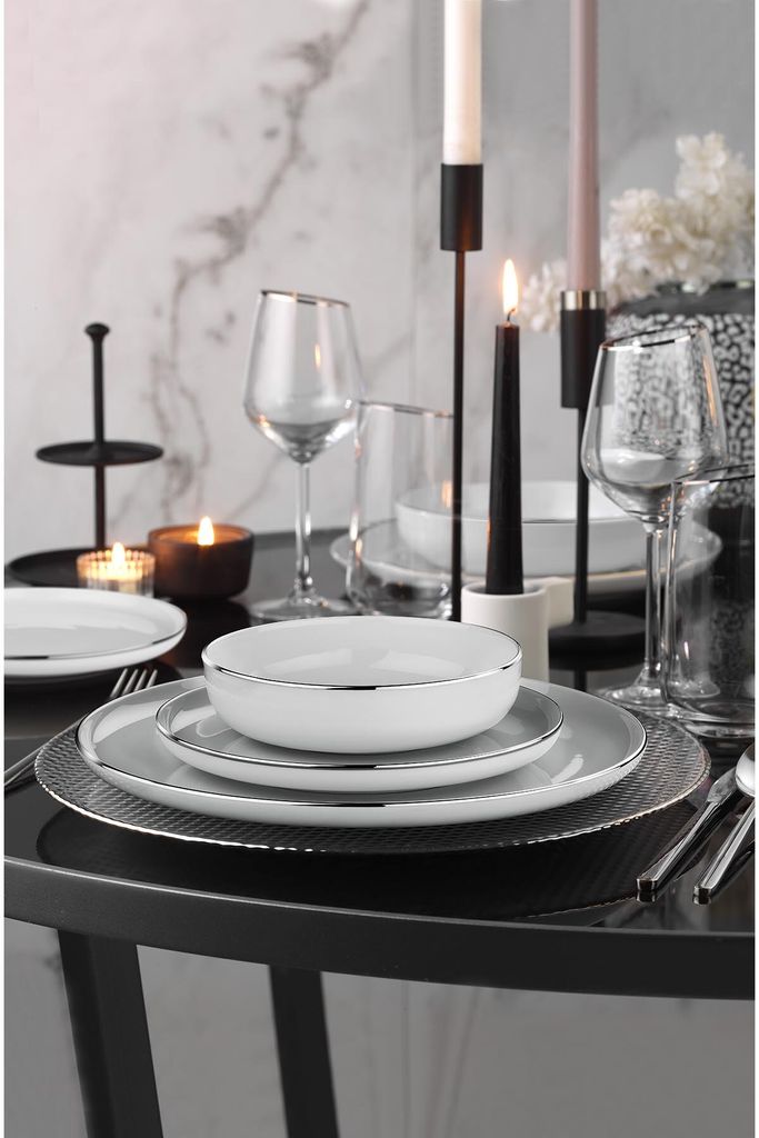 Hermia Concept, Hochwertiges 24-teiliges Dinner Set, 100% Porzellan, Weiß und Silber | 6 Servierplatten (22x22x2), 6 Teller (20x20x4), 6 Schalen (...