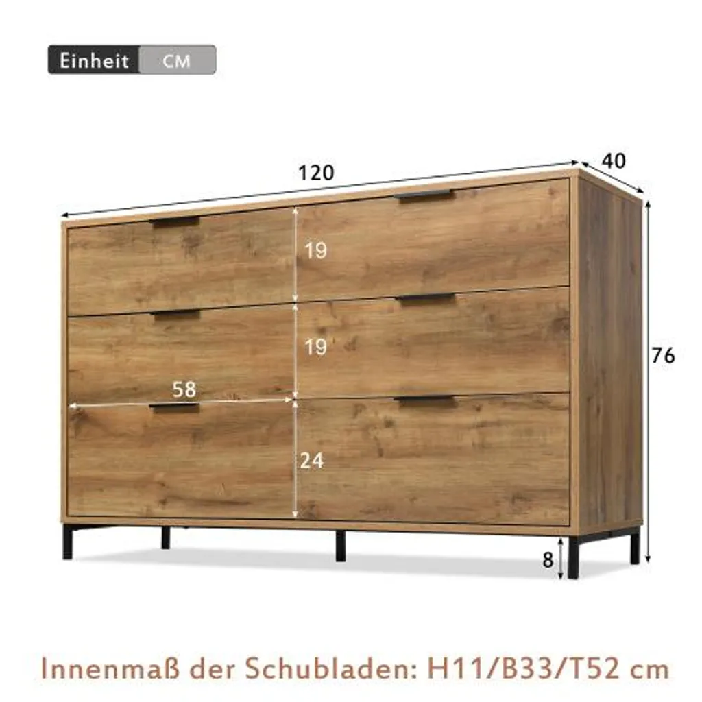 Buffet bas 6 tiroirs AIORBER, Meuble de Rangement Industriel Chêne Foncé