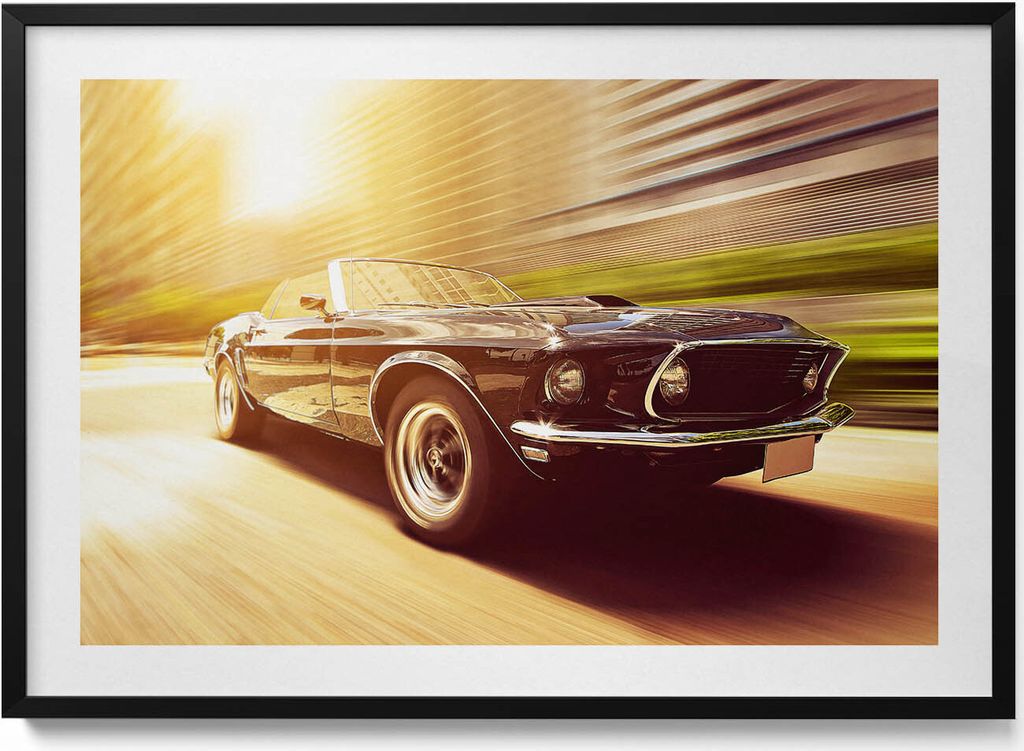Oldtimer auf dem Weg– Wandbild mit Rahmen – Gerahmtes Bild – Wanddekoration – 100x70 cm – Schwarz Rahmen