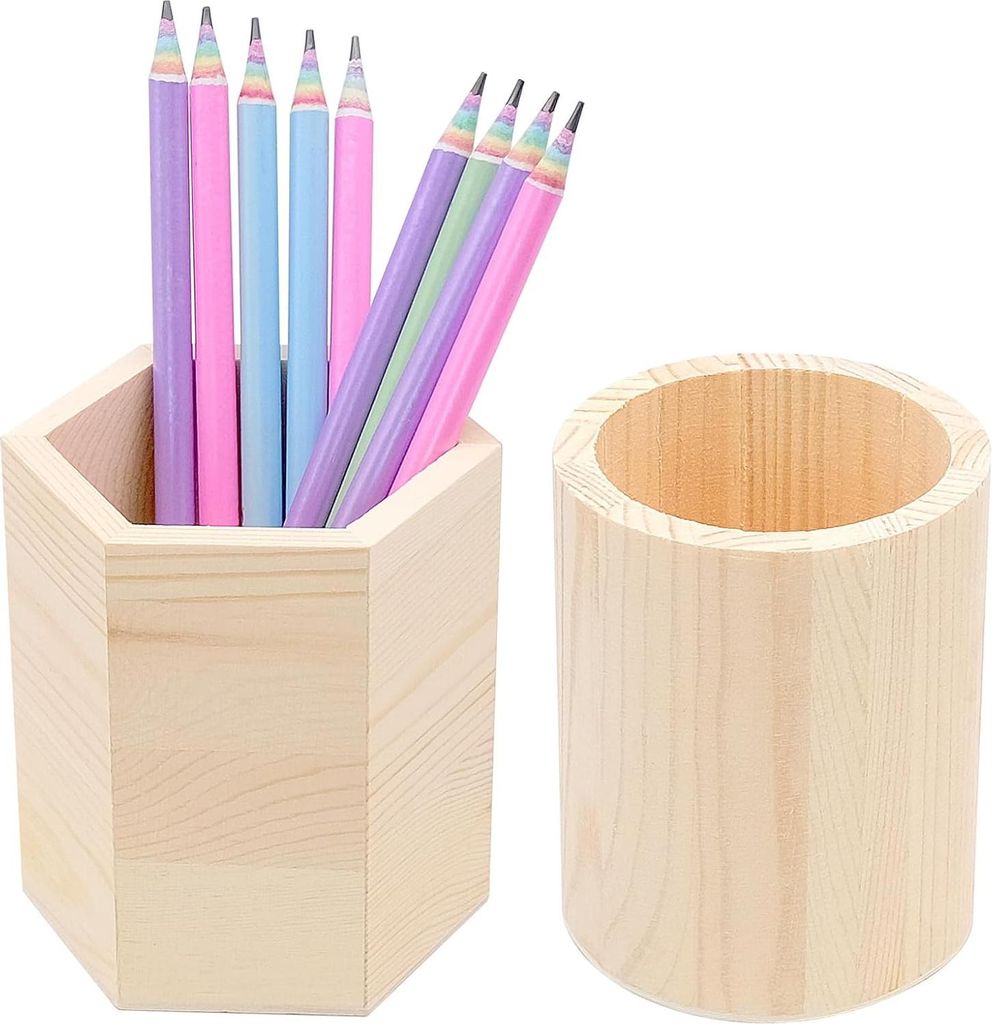 2 Stück Holzstiftehalter - runder und sechseckiger Stiftehalter für Schreibtisch, Büro, Make-up, Schule
