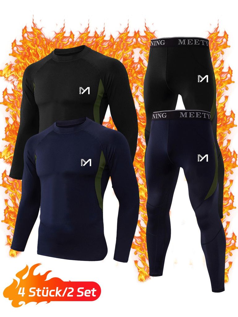 2er Pack Herren Thermounterwäsche, Funktionsunterwäsche mit Innenfleece, Skiunterwäsche für winterliche Outdoor-Aktivitäten-Schwarz+Blau-L