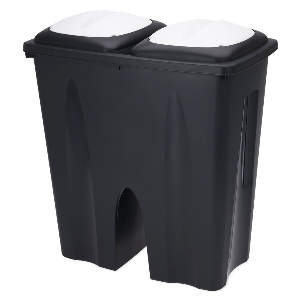 Duo Mülleimer 50 Liter schwarz mit Push Deckel in weiß - 2x 25 L - Kunststoff Doppel Abfalleimer recycelbar mit Klappverschluss