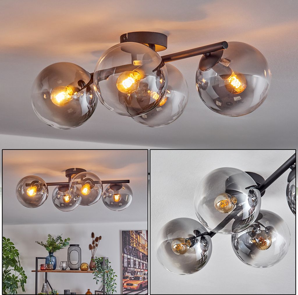Fossobiubo Deckenlampe aus Metall/Glas in Schwarz/Rauchfarben/Klar