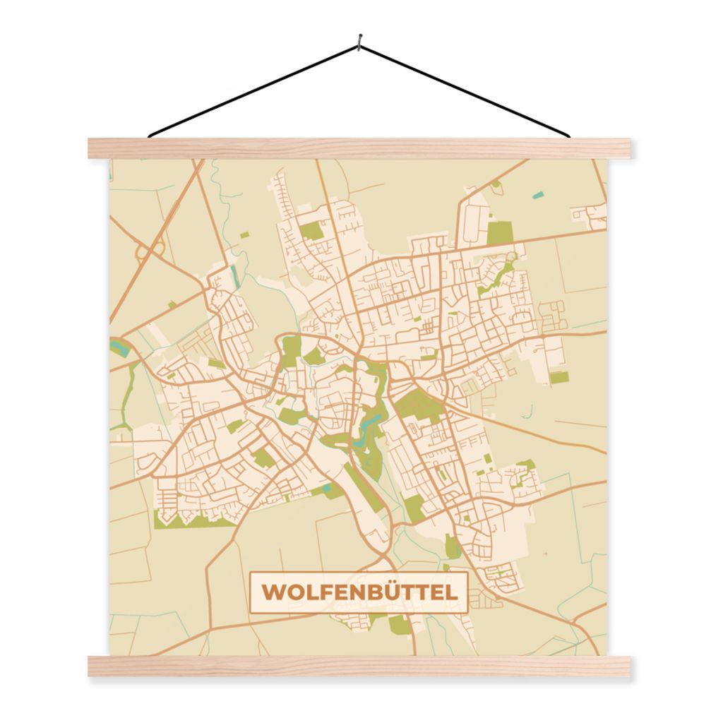 MuchoWow Textilposter Karte - Wolfenbüttel - Vintage - Stadtplan - Karte 120x120 cm mit holzfarbenen Rahmen - Textil-Poster