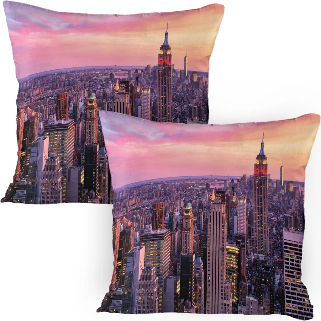 ABAKUHAUS Vista della città Federa per cuscino Confezione da 2, New York City Midtown Con Empire State Tramonto Business Center Tetto Foto, Federa per cuscino decorativa stampata, 80x80 cm, Pesca
