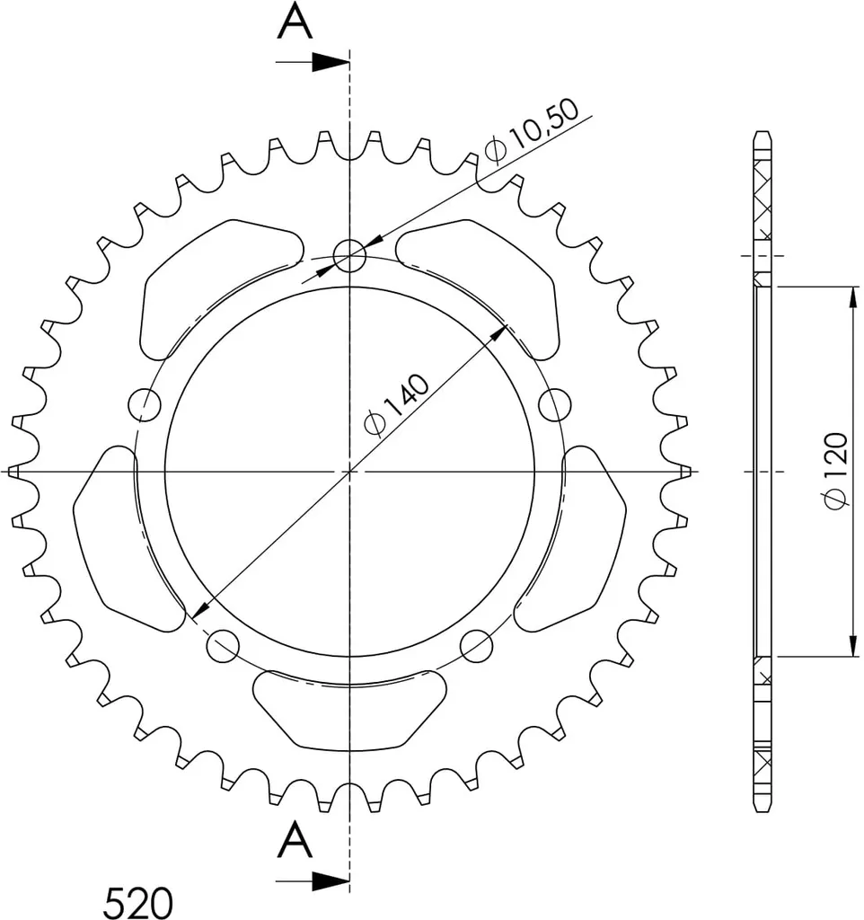 Couronne Arrière Moto 520 en Alu Noir 41 Dents pour Transmission 5 Trous