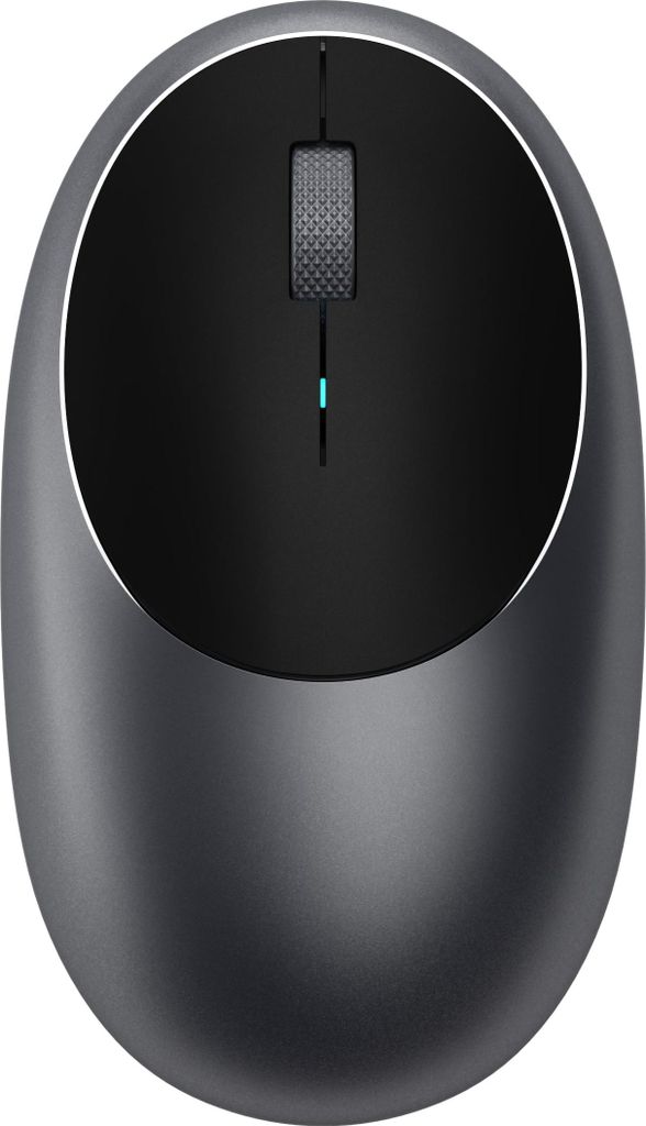 A top-down view of a black and gray wireless optical Bluetooth mouse against a white background.