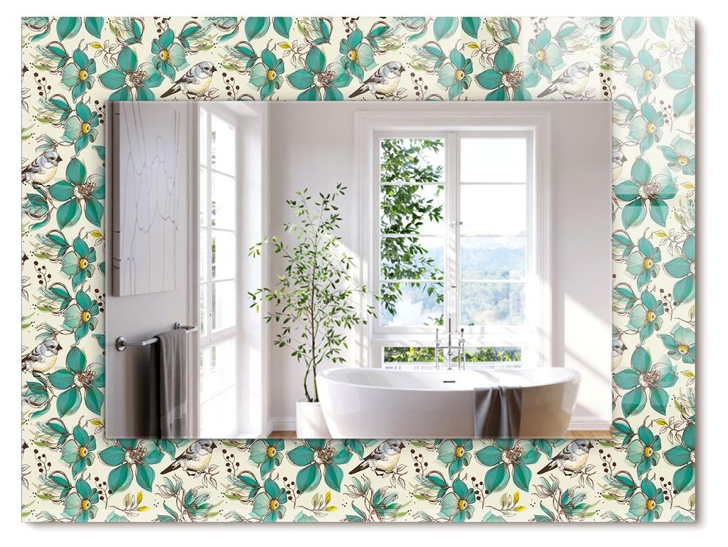Vögel und Blumen – Rechteckiger Spiegel mit Druck 80x60 cm – Modern - Dekorativ für die Wand