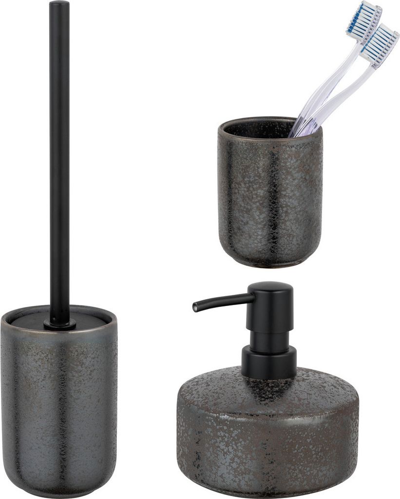 Schöner Wohnen Keramik Bad-Accessoire Set Rufina Grau WC-Garnitur Seifenspender Zahnputzbecher