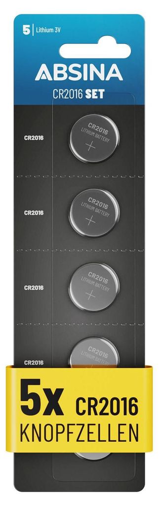 ABSINA CR2016 Knopfzelle 5er Pack - CR 2016 Knopfzelle 3V Produktbild 