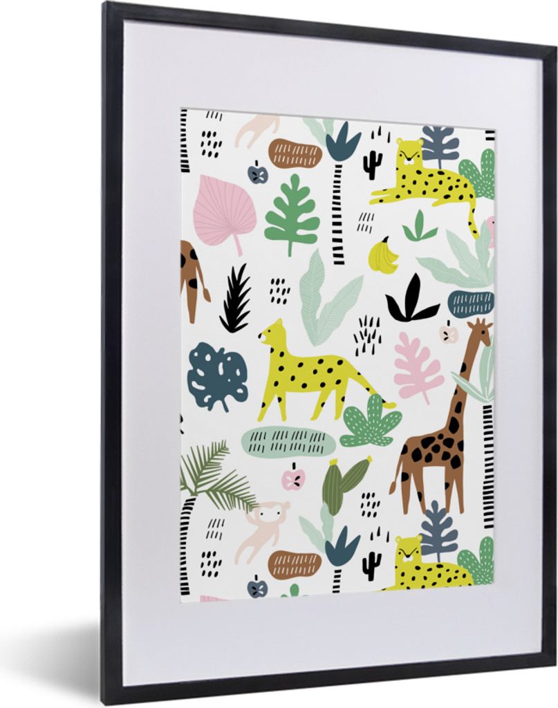 MuchoWow MuchoWow Gerahmtes Poster Dschungel - Muster - Früchte - Tiere 30x40 cm - Poster mit zchwarzem Bilderrahmen - Wandposter Schlafzimmer