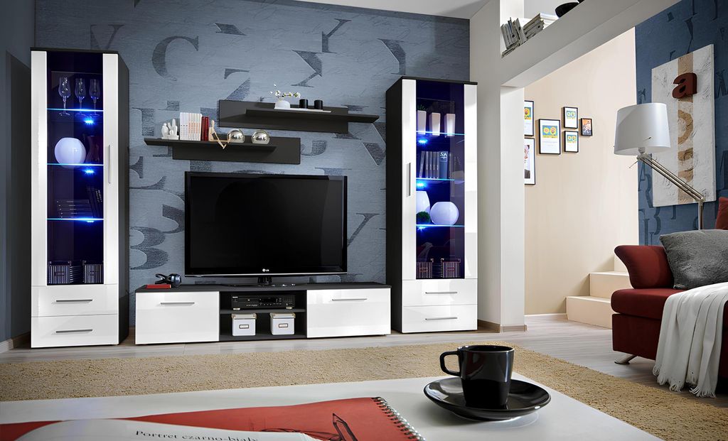 Wohnwand Set Luxus Möbel Wohnzimmer Holz Einrichtung Modern Vitrine Neu