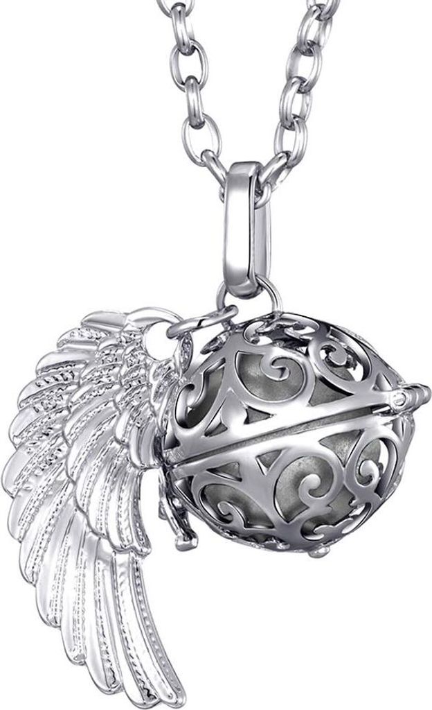 Morella Damen Schutzengel Halskette Edelstahl 70 cm mit Anhänger Engelsflügel und Klangkugel silber Ø 16 mm in Schmuckbeutel