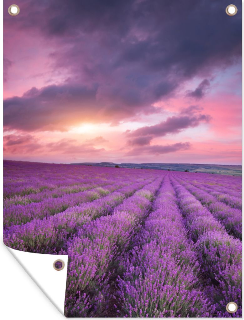MuchoWow 90x120 cm Outdoor-Poster Gartendeko Sichtschutz Garten Poster für den Garten Lavendel - Lila - Wolken - Blumen