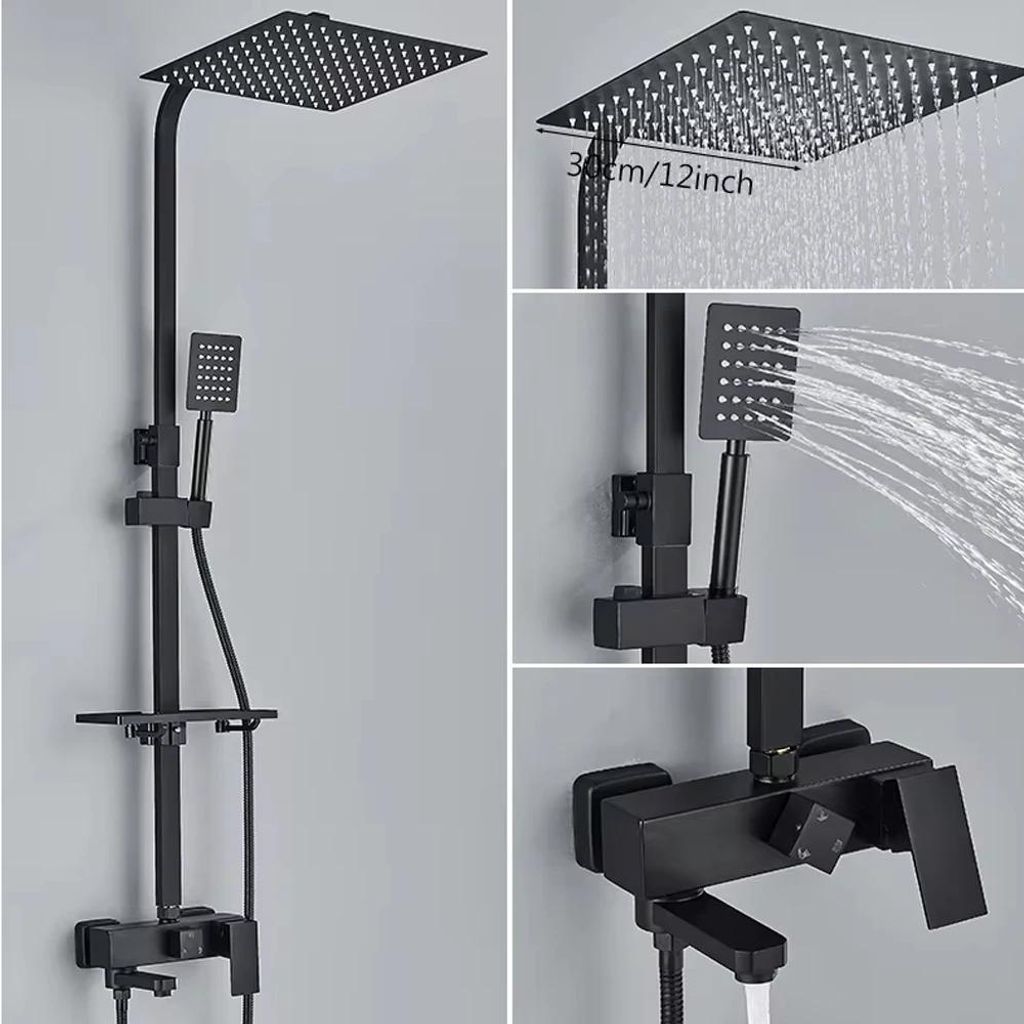 Duschsystem - 3‐Wege 30 cm Regendusche - Höhenverstellbar - Schwenkbar - Messing - Keramikkartusche - Einhebelmischer - Schwarz