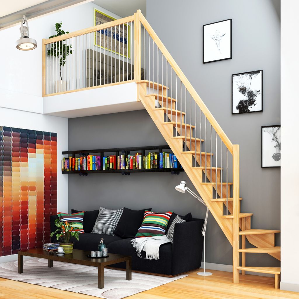 Dolle Raumspartreppe Lyon inkl. einseitigem Geländer Buche unbehandelt Treppenlauf 1/4 gewendelt unten links 65cm breit Metallstäbe