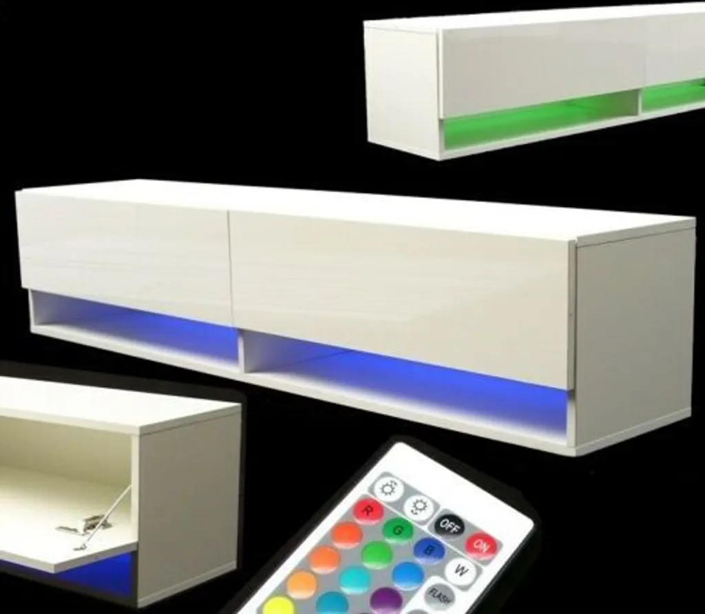 Meuble TV suspendu blanc brillant 140 cm LED salon contemporain 57044