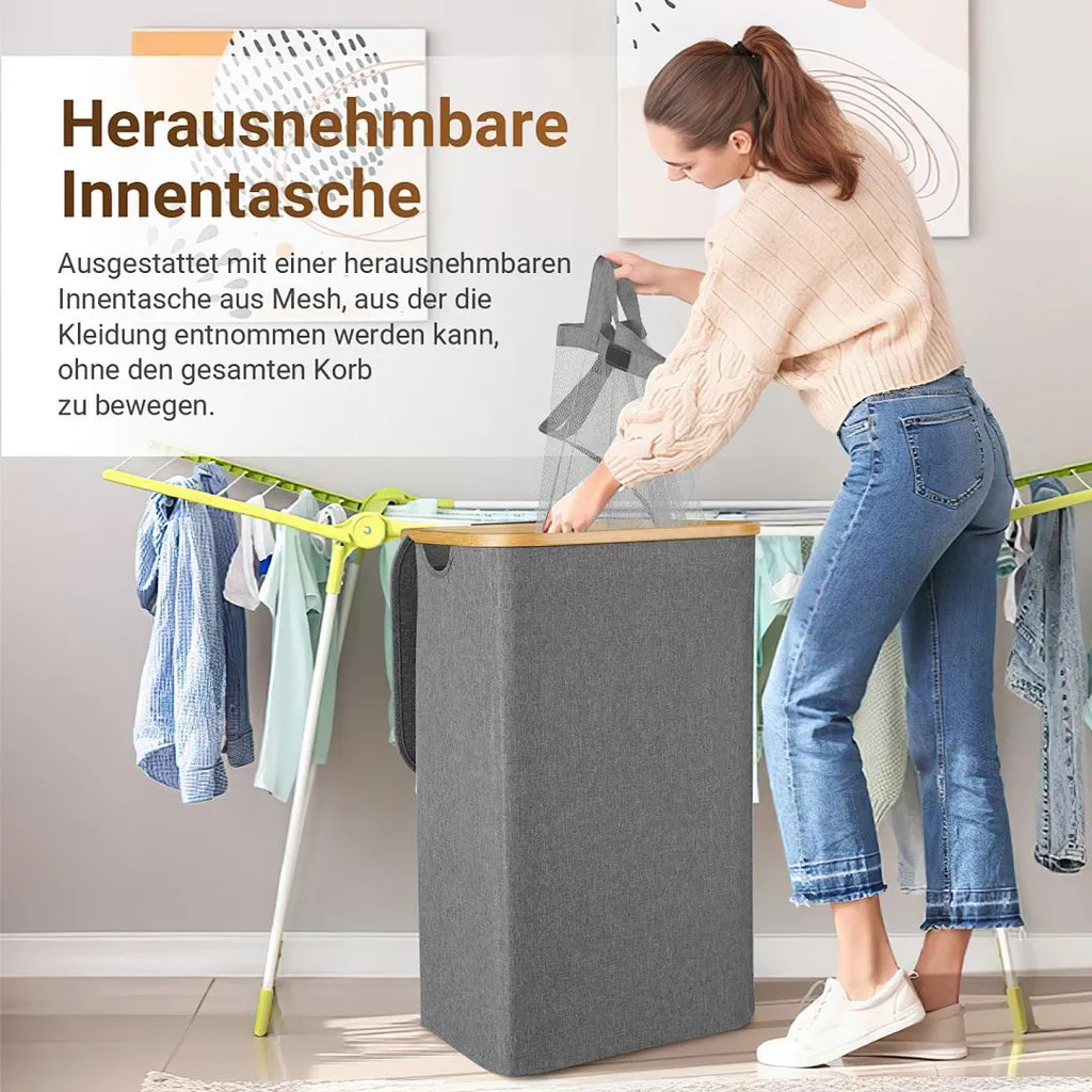 Cesto della biancheria Izrielar con coperchio, contenitore pieghevole per biancheria, cassapanca per biancheria, contenitore per biancheria con sacchi rimovibili, grigio 160 litri Contiene tre sacchetti a rete - 3