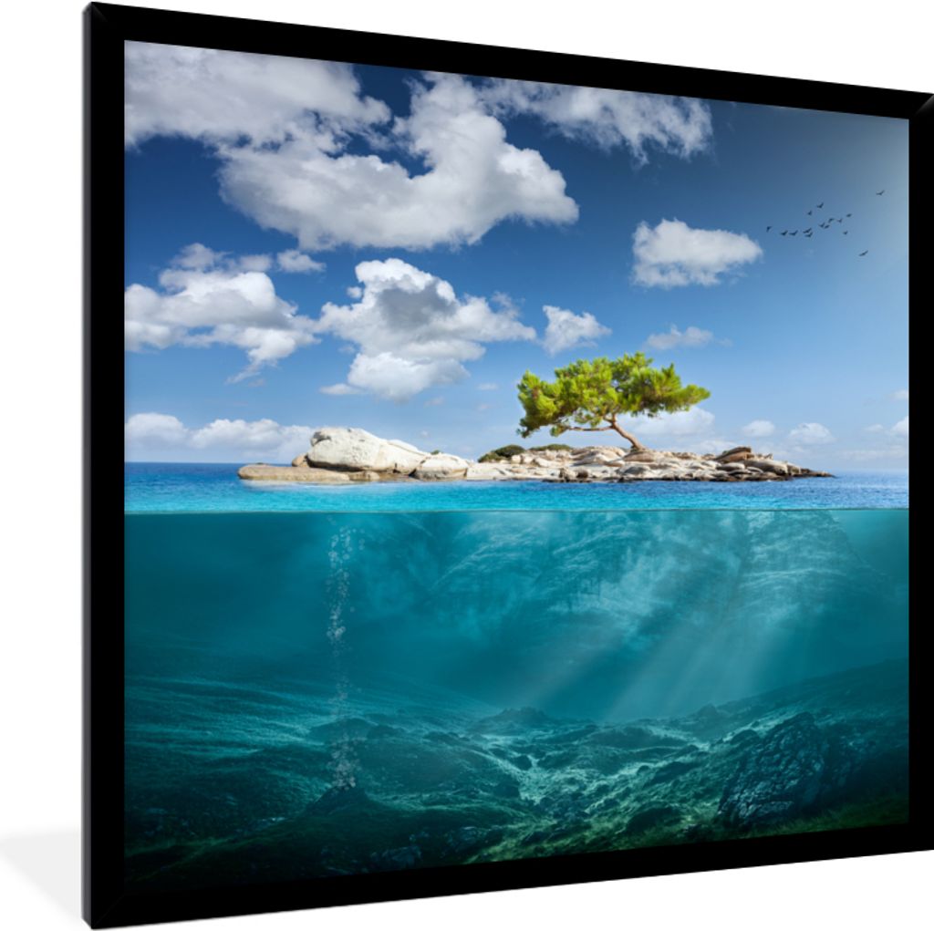 MuchoWow MuchoWow Gerahmtes Poster Meer - Baum - Insel 40x40 cm - Poster mit zchwarzem Bilderrahmen - Mit Rahmen - Wanddekoration Schlafzimmer
