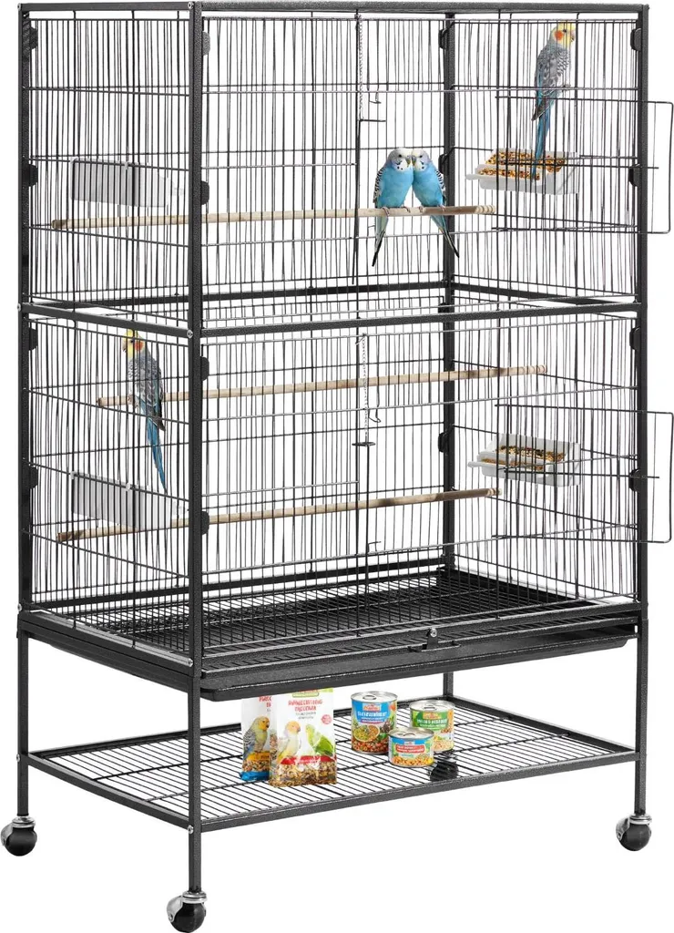 Volière fer forgé sur roulettes 132cm : cage spacieuse avec perchoirs