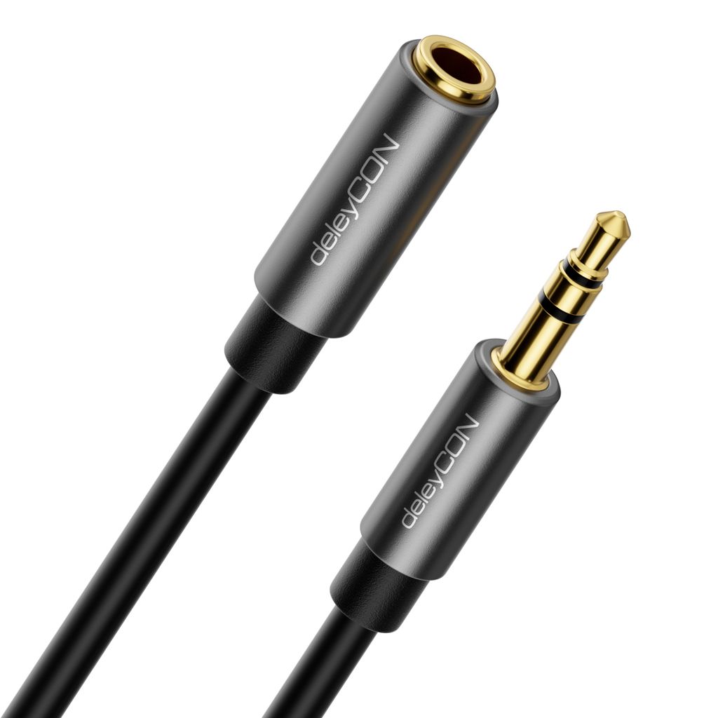 deleyCON 5m Klinkenkabel 3,5mm AUX Kabel Stereo Audio Kabel Klinkenstecker 90° Gewinkelt für PC Laptop Handy Smartphone Tablet KFZ HiFi-Receiver Schwarz 
