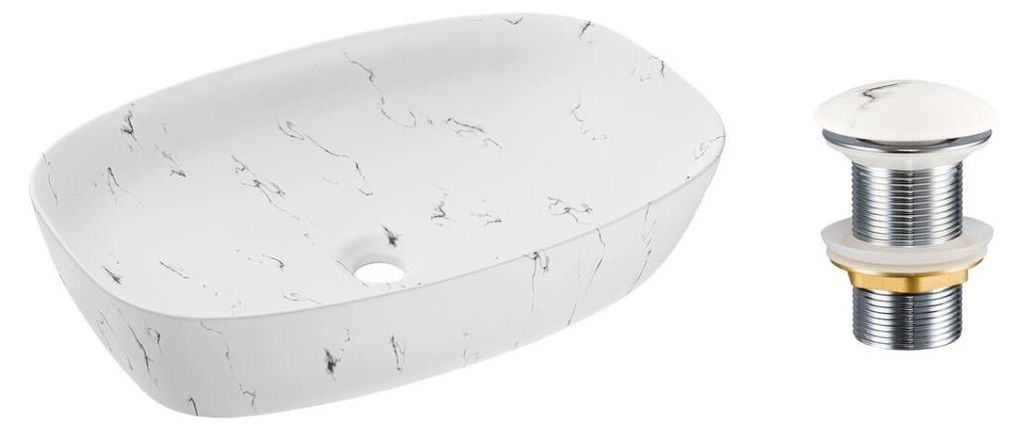 Ovales Aufsatzwaschbecken 60x30 cm in Weiß Marmoreffekt mit Klick-Klack-Ablauf