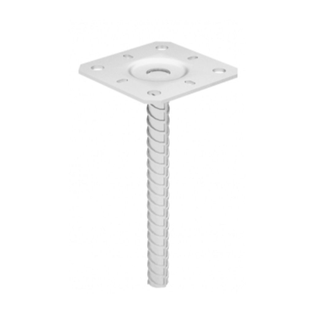 A white metal post anchor with a square base and a ribbed shaft, isolated on a white background.