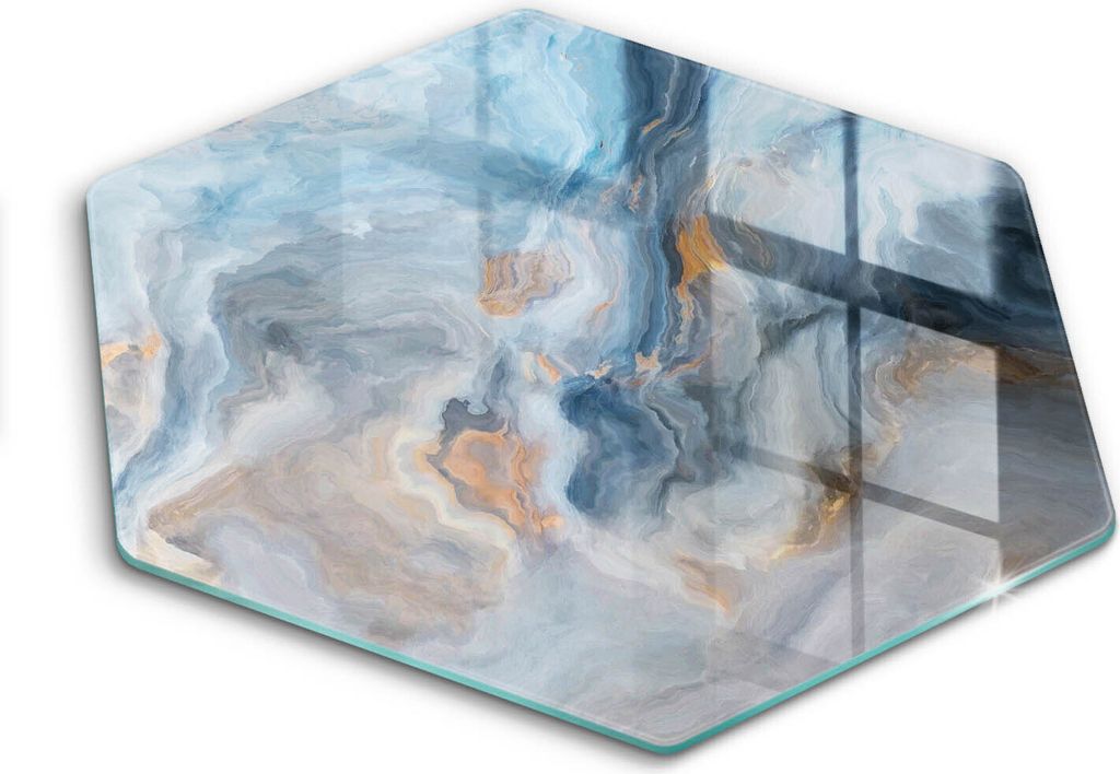Glasschneideplatte - Herdabdeckplatte - Hexagon 40 cm -Schneidebrett - Spritzschutz - Marmorstruktur