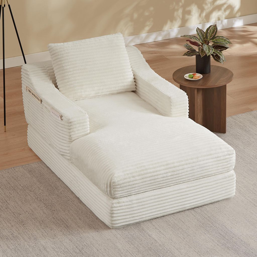 MODFU Relaxsessel mit Doppellagiges Desig,Chaiselongue Liegestuhl mit Sitzkissen,Posterstuhl mit seitlichen Aufbewahrungstaschen,Cord,Weiß