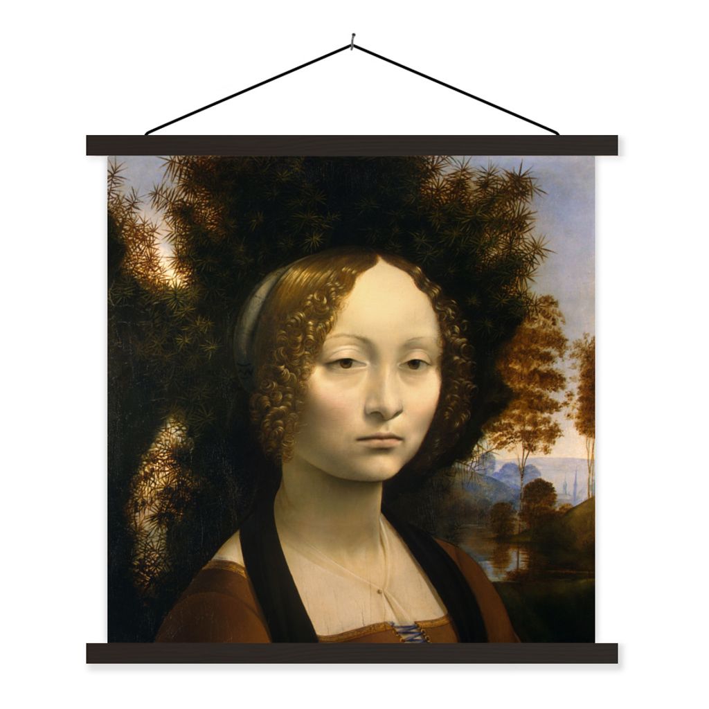 MuchoWow Textilposter Ginevra de' Benci - Leonardo da Vinci 120x120 cm mit schwarzem Rahmen - Aufhängungsset