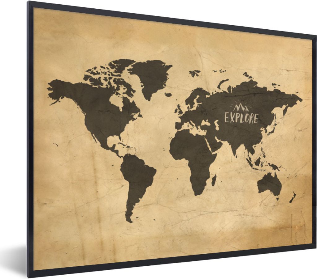 MuchoWow Gerahmtes Poster Weltkarte - Vintage - Braun 80x60 cm - Poster mit Schwarzem Bilderrahmen Wandposter Rahmen Foto Bilder - Schwarzem - Mi...